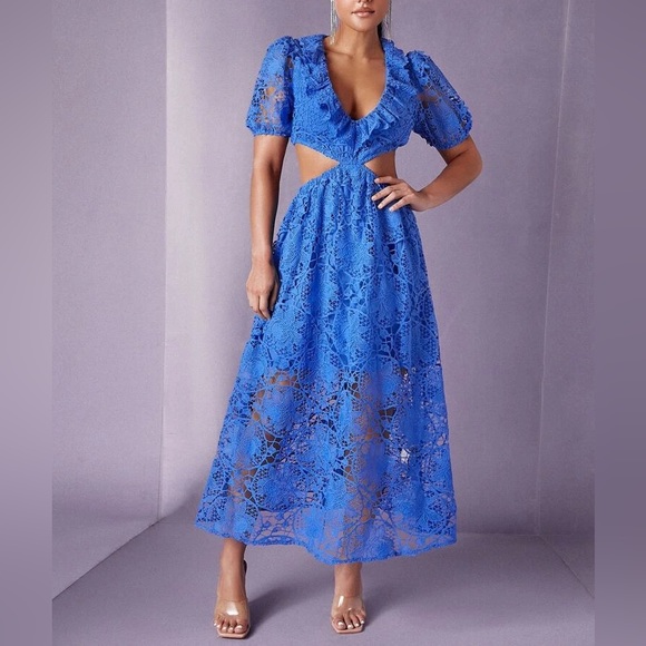 Mile High Clozet Dresses & Skirts - Ruffle Trim Cut Out Waist Lace Overlay Dress